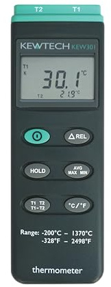 Kewtech KEW301 Dual Channel Digital Thermometer K-Type Probe Thermocouple, -200°C to 1370°C Range, Dual Input, Max/Min/Average, LCD Display, Includes 2 Probes & Carry Case