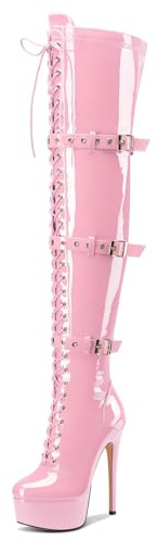 Castamere Donna Sopra il Ginocchio Spillo Tacco Heel Piattaforma Stivali Rotonda Punta Lacci Fibbia Cerniera Stivali 15 CM Heels Rosa 41 EU