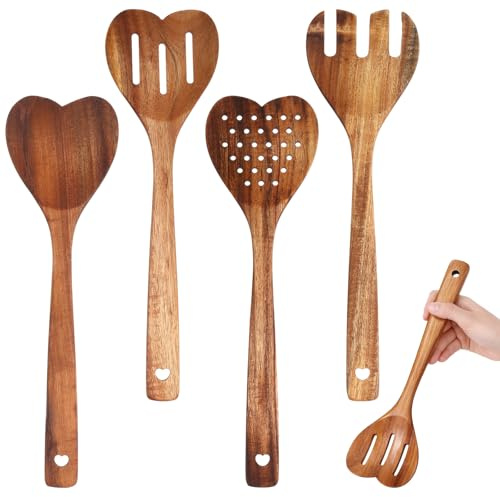 Baderke 4 Pcs Acacia Wooden Heart Spoons Set, Heart Shaped Cooking Utensil, 4-Style, Long Handle Non-Stick, Perfect Valentine's Day Wedding Housewarming Gift for Wife Mom Grandma Hostesses Cooks