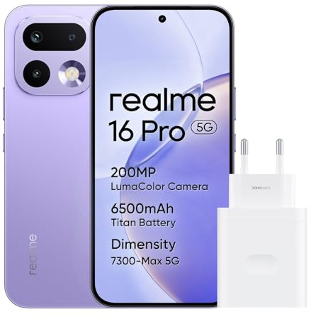 realme 16 Pro 5G Smartphone, 8GB+256GB, Display AMOLED 144Hz 6,78, Batteria 6500mAh, Fotocamera 200MP OIS, IP69K, Ricarica Rapida 45W, Doppia SIM, Next AI, Viola (Con Adattatore)