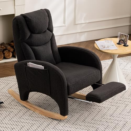 DEKKETO Fauteuil à Bascule avec Repose-Pieds et Poche Latérale, Rocking Chair à Dossier Haut, Fauteuil Relax Design en Tissu Teddy, pour Allaitement, Salon et Chambre, Pieds en Bois, Gris Foncé