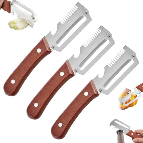 KASESSS 3Pezzi Pelapatate Multifunzionale, 3 in 1 Pelapatate Professionale, Pela Patate in Acciaio Inox Pela Patate e Verdure Manico in Legno Apribottiglie Tagliare il Cipollotto a Julienne per Cucina