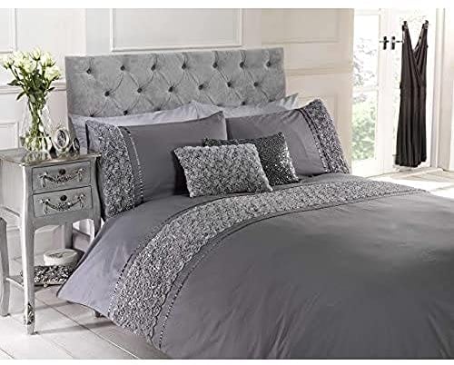 Rapport Bettwäsche-Set für Doppelbett, mit erhöhter Rose und Schleife, Polycotton, Grau, Baumwolle Polyester