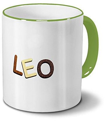 printplanet Tasse mit Namen Leo - Motiv Schokoladenbuchstaben - Namenstasse, Kaffeebecher, Mug, Becher, Kaffeetasse - Farbe Grün