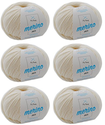 Merinowolle zum Stricken - Merinowolle naturweiß (Fb 7800) - 6 Knäuel natur weiße Merino Wolle - Strickgarn Merinowolle + GRATIS MyOma Label - 50g/120m - MyOma Wolle - weiche Wolle - Merinogarn