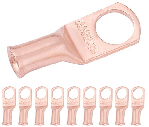 SELTERM 8 AWG (10 mm²) - 5/16 (M8) ⌀ Hole UL Heavy Duty Wire Lugs, Battery Cable Ends, Bare Copper Eyelets, Tubular Ring Terminal Connectors [B5] - 10 Pack