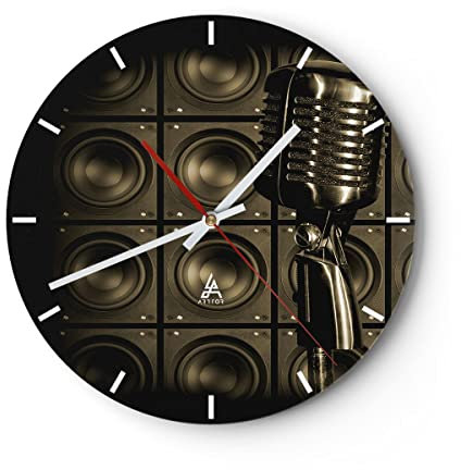 Modern Wanduhr Mikrofon Retro Singen 30x30cm Rund Klein Wand Uhr Glas Analog Zimmeruhren Küche Büro Wohnzimmer Glasuhr Wall Clock Dekoration Design Wanddekoration Küchenuhr C3AR30x30-0306