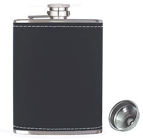 Petaca de Cadera de Bolsillo 8 oz con Embudo, Petaca de Alcohol, Frasco de Licor, 18/8 Petaca de Bolsillo de Cuero Negro de Acero Inoxidable, 100% a Prueba de Fugas, para Beber con Licor-227ml