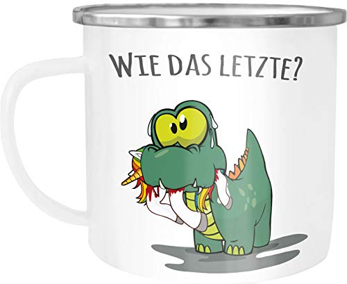 Moonworks® Emaille-Tasse Fun Motiv lustiger Dino frisst Einhorn Spruch Wie das Letzte? Emaille-Becher weiß-metall Emailletasse