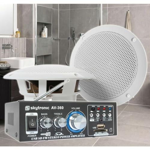 Skytronic BS06 Verstärker mit Deckenlautsprecher – Wasserdichte Deckenlautsprecher Bluetooth & Fernbedienung, 6,5 Einbaulautsprecher Decke für Badezimmer, Sauna, Wand & Feuchträume – 90W Sound-System