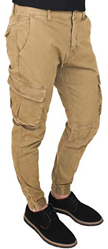 Evoga Pantaloni Uomo Cargo Slim Fit Jeans con tasconi Laterali (42, Beige)