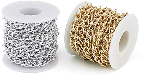 Craftdady 2 rollos de eslabones de cadena de aluminio plateado dorado sin soldar, cable cruzado trenzado con carrete de 10 x 6,5 mm para hacer collares y joyas de aproximadamente 16.4 pies/rollo