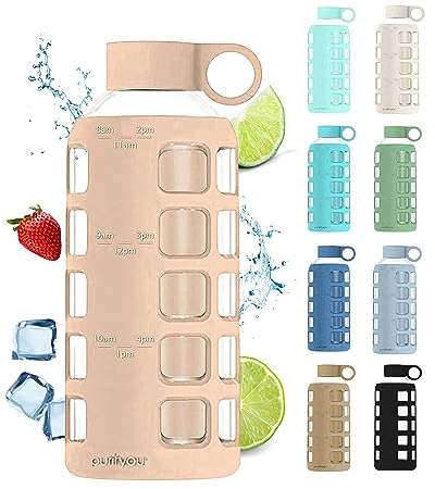 Purifyou Bouteille d'eau en verre de qualité supérieure avec manchon en silicone antidérapant et couvercle en acier inoxydable - 0,35/0,65/0,94 L