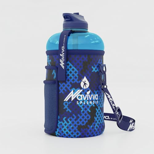 NAVIVVA SPLENDID Large 2L Water Bottle with Insulating Neoprene Cover and Straw Lid - BPA-Free, Dishwasher Safe, Portable, Eco-friendly with Carry Handle – Huge 2.2 Litre Capacity. (Blue Glowing)