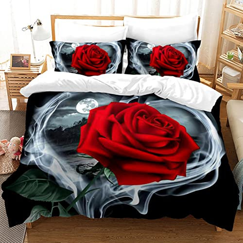 Hoimlm Red Rose Duvet Cover Single Bedding Set,3D Floral Duvet Cover with 2 Pillowcases, Gifts for Valentine's Day Mother's Day Soft Microfiber Quilt Cover with Zipper Closure