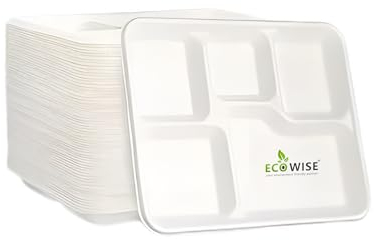 EcoWise 5 Compartment Disposable Plates - Heavy Duty Sugarcane Paper Plates - 100% Compostable Eco-Friendly Divided Dinner Plates - Microwave & Freezer Safe Party Trays (50, 30x18 cm)