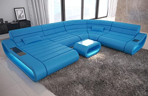 Sofa Dreams Wohnlandschaft Concept XXL U Form Ledersofa - mit LED Beleuchtung, ergonomische Rückenlehnen, Recamiere/Lederfarben wählbar/Ausrichtung Ottomane wählbar (Ottomane Links, Blue)