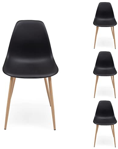 Homely – Pack 4 Sillas Comedor Cairo Nordic | Diseño Nórdico | Asiento de Polipropileno | Patas Metálicas Acabado Madera | Dormitorio, Cocina, Comedor, Estudio | 46x54x84cm | Color Negro