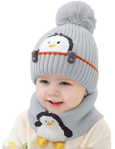 Set Chapeau Bonnet Enfant Hiver Bébé Tricoté Set avec Pompon de 2 Pièces Garçon Fille Chaud Chapeau avec Cercle Écharpe Crochet Cache-Cou Ensemble(Gris)