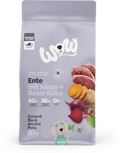 WOW Trockenfutter Senior mit Ente, 12kg I Hundetrockenfutter für ältere Hunde Aller Rassen I Beste Qualität mit viel Fleisch, Apfel & Rübe I getreidefrei & hohe Verträglichkeit