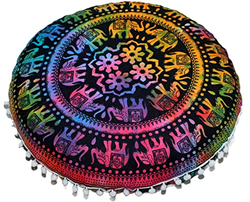 Runder Mandala-Bodenkissenbezug, Sitzkissen, Überwurf, Hippie, dekorativ, Bohemian-Ottomane, Pouf, Pompom-Kissenbezüge, Boho-Indisch, 55,9 cm (Multi Up Hathi)