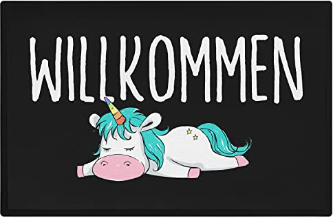 Trendation - Willkommen Fußmatte Einhorn Lustig Geschenk Frauen Fussmatte Innen und Außen-Bereich 60x40 cm