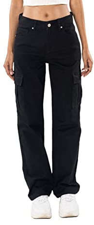 Nina Carter Q1885 Jean cargo stretch pour femme Taille haute Coupe droite, Noir (Q1885-1), L