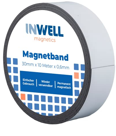 Inwell - Magnetband 30 mm in Farbe weiß auf Rol | 10 meter | NICHT Selbstklebend | Beschreibbare weiße Vinylschicht | Starker Magnetkraft | Magnetstreifen