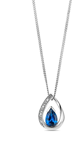 MIORE Halskette, Panzerkette mit Tropfen-/Birnenform Anhänger aus 9 kt (375) Weißgold mit Diamanten Brillanten 0.01 ct. und blauer Saphir Geburtsstein, Halsschmuck Damen 45 cm