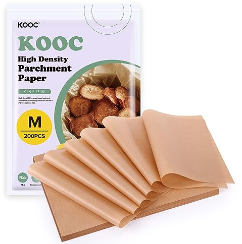KOOC Pergamentpapierbögen, vorgeschnittenes, ungebleichtes Backpapier, 22.9x33 cm, 200 Stück, hochdichtes und kompostierbares Reißverschluss-Design, Pergamentpapier zum Backen, Luftfritteuse, Grill