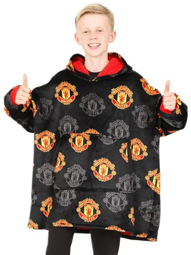 Manchester United Football Club Boys Fully Lined Luxury Fleece Hoodie, Oversized Fleece Blanket Hoody 7-13 Years Black