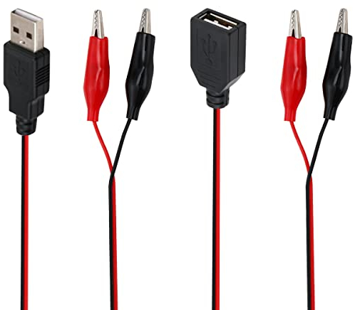 Greluma Set di cavi per test con clip a coccodrillo da USB a doppio rame, connettore USB maschio femmina da 2 pezzi a morsetti a coccodrillo per test di circuiti elettrici