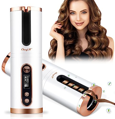 CkeyiN Automatic Hair Curler Cordless Curling Iron,USB Rechargeable Ceramic Professional Hair Curler with 6 Temperature & Timer Auto Shut Off