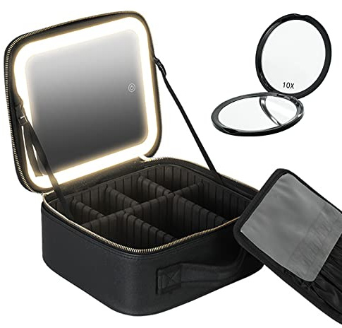 mumisuto Trousse à Maquillage avec LED Miroir, 3 Modes d'Éclairage Trousse de Toilette avec Loupe10x Maquillage, Professionnel Vanity Valise Maquillage avec Compartiment, Grande Capacité