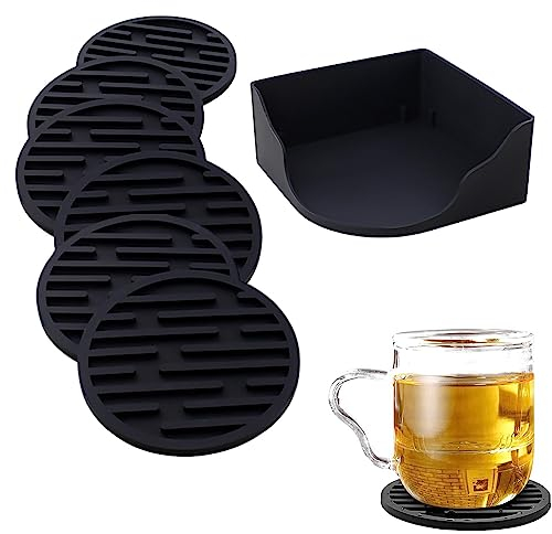 6-Pc Silicone Coaster Set with Holder, Thickened Leak-Absorbing Design for Hot & Cold Drinks, Non-Slip & Easy Clean for Office, Bar, Home (Black)