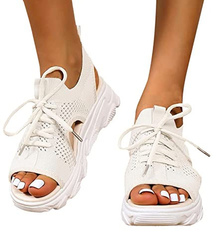 Sandales de Sport et D'Extérieur Femme Maille été Chaussures Sport Respirantes Sandales de Marche à Lacets Confortable Sandale Baskets Légères Sandales Plates Bout Ouvert pour Femmes