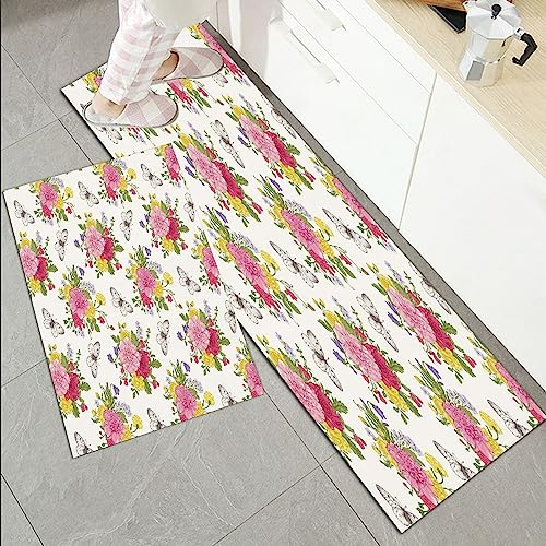 Küchenläufer Küchenmatte 2 Stück 45x70cm+45x120cm,Shabby Chic Dekor, Pfingstrosen Rosen Sweet Peas Bell bunten Blumenstr,Rutschfest Pflegeleicht, Anti-Müdigkeit Küchenteppich Teppich Läufer für Küche