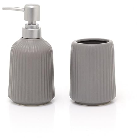 Grey Ceramic Tumbler & Soap Dispenser | Contemporary Ceramic Bathroom Set | 2 Piece Bathroom Organiser with Toothbrush Holder Lotion Soap Dispenser