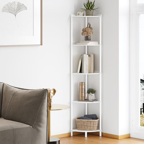 SUNMORY 5 Tier Corner Shelf Stand, Industrial 65 Corner Shelves Display Shelf for Living Room Decor, Wall Corner Bookshelf Multi Unit Organizer, Tall Shelf Plant Stand for Bedroom, Bathroom, White