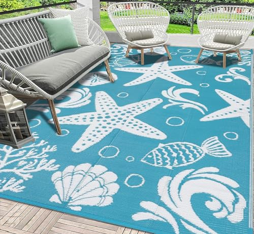 Enyhom Groß Außenteppich 180 x 270 cm, Recycelter Wendbarer UV-beständige Campingmatte Robuster Flachgewebe Kunststoff Balkonteppich Wasserdicht Farbecht Picknickdecke für Outdoor, Türkis