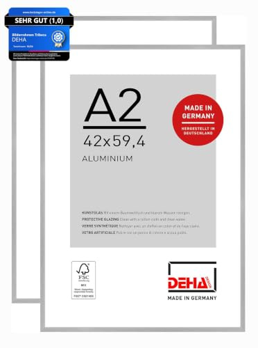 DEHA Design Aluminium Bilderrahmen Tribeca, 42x59,4 cm (A2) 2er Set, Silber | Aluminium Posterrahmen im Hoch- & Querformat zum Aufhängen Silber gebürstet bruchsicheres Kunstglas