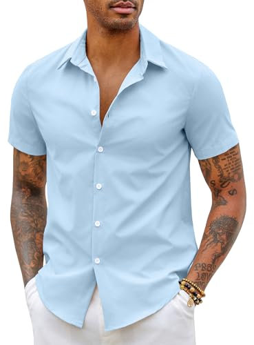 COOFANDY Men's Casual Shirt - Short Sleeve, Wrinkle-Free, Slim Fit, Blue, XXL