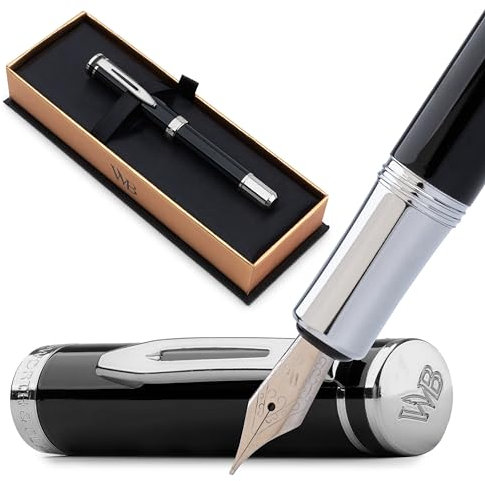 Wordsworth and Black Fountain Pen Mini EDC Schwarzer Taschenstift, Chrom, Mittlere Feder, 6 Tintenpatronen, Tinten-Konverter, Nachfüllbares Stift-Geschenkset, Männer & Frauen
