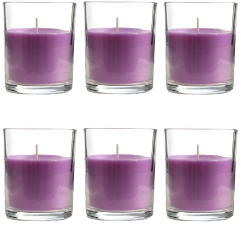 Pack de 6 Velas Aromáticas en Vaso de Cristal Reciclable 125g - 28h de Duración,Cera Vegetal Perfumada, Fabricadas en España, 8.5x7cm (Lavanda)