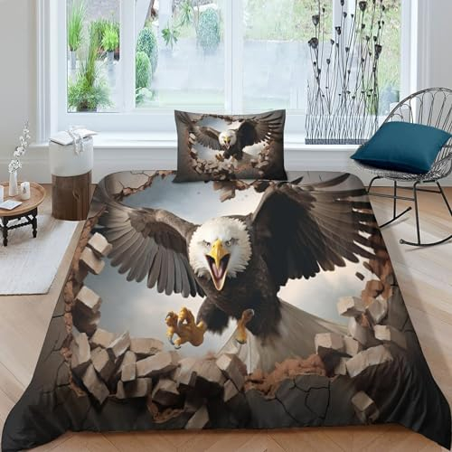 HOTGE 3D Gedruckter Wilder Adler Kinderbettwäsche Single（135x200cm）+Kissenbezug Jungen Bettwäsche Deckung Set Mit Reißverschluss Weich Mikrofaserbettwäsche