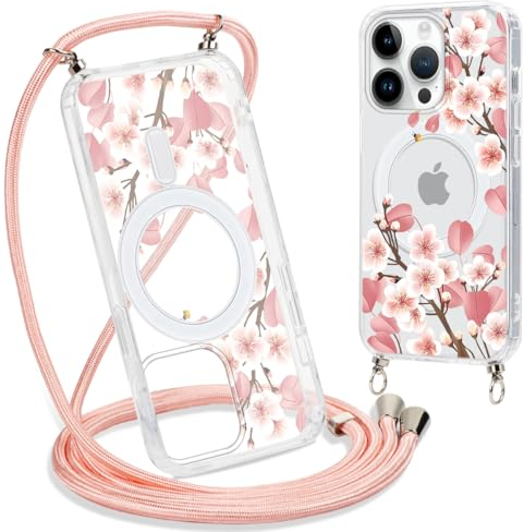 Yoedge Magnetique Coque pour iPhone 12 Pro Max 6,7 con Cordon,Compatible avec MagSafe, Transparent Étui Souple Silicone TPU Antichoc Protection Housse Collier Case Cover avec Aesthetic Motif Floral 5