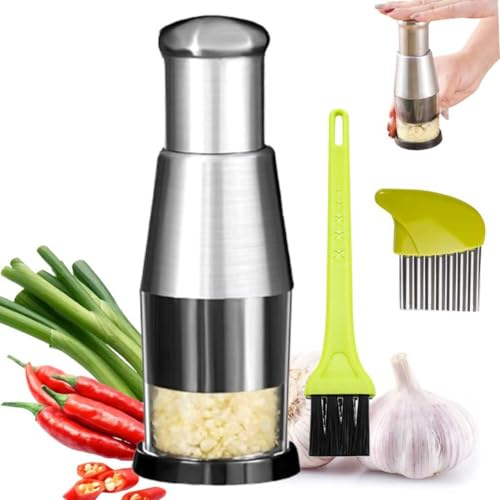 Manual Pressed Chopper with Cleaning Brush and Slicer Cutter Stainless Steel Manual Garlic Masher Handheld Push Type Crusher Kitchen Food Chopper Gadget for Ginger Chili Onion Garlic (1PCS)