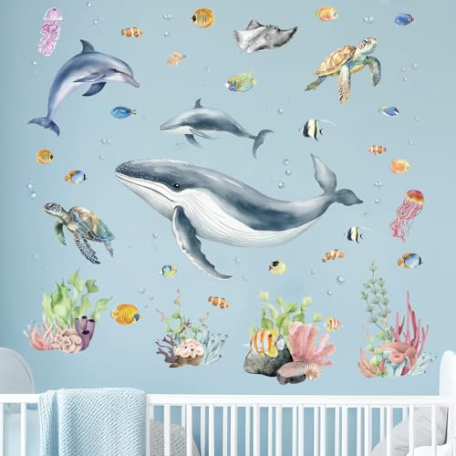Amimagen Wandtattoos Unter dem Meer Wandaufkleber - Marine Thema Hai Wal Fisch Seetang Gras Ozean Wandabziehbilder - Badezimmer Baby Kinderzimmer Kindertagesstätte Wanddeko