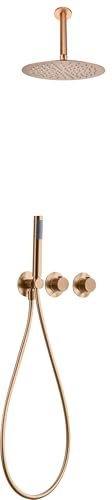 IMEX - Ducha Empotrada Termostática Oro Rosa | Kit de Grifería Empotrado con Alcachofa y Rociador Antical Efecto Lluvia | Columna Ducha Empotrada con Grifo en Latón y Acero Inox S.304| Serie Breda