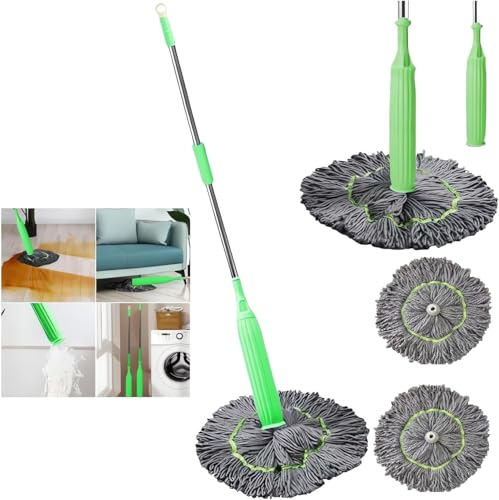 2 in 1 Dehydrated Mop, 2024 Neu Bodenwischer, 360° Drehgelenk Mikrofaser Wischmopp mit Auswringfunktion, Self Wringing Twist Mop Nass-Trockennutzung für Fliesen und Laminat (Grün+2 Moppkopf)
